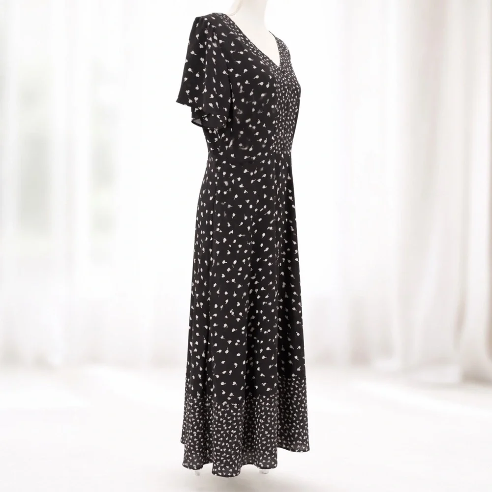 Talbots Womens 12 Flutter Sleeve Midi Dress Black White Dot Pockets Lined A-Line - Picture 2 of 13